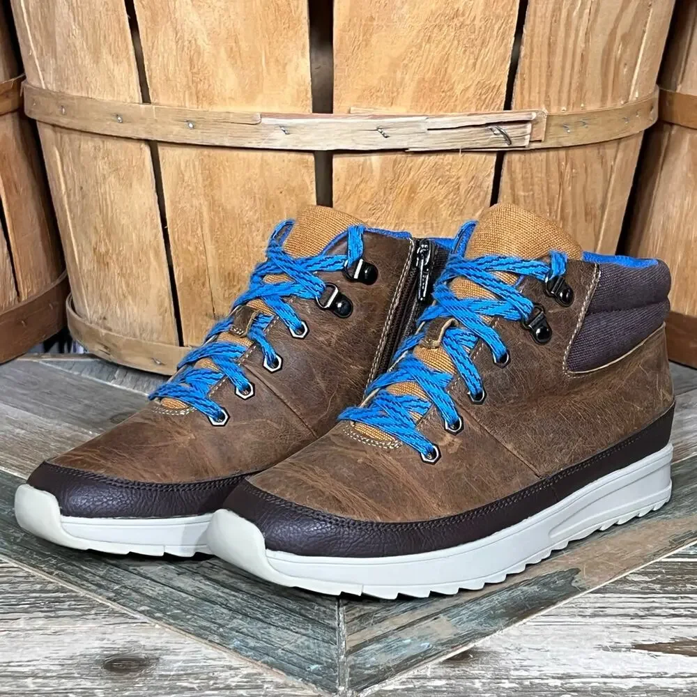 Clarks x Jack Nano Jaxton Run Brown Leather Blue Zip Up Laced Boots Boys Size 4